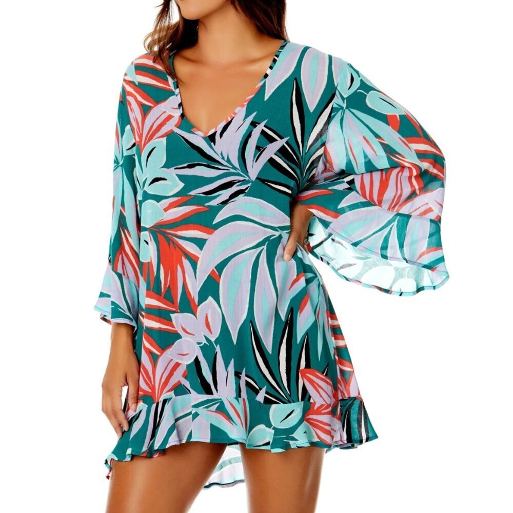 Anne Cole Women's M/L Teal Coral Pullover Swimsuit Flowy Beach Vacation Coverup